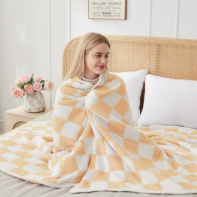 JOOJA Soft Cozy Checkerboard Peach Blanket Fluffy Knit Throw for Couch Plaid Checkered 60x80 in