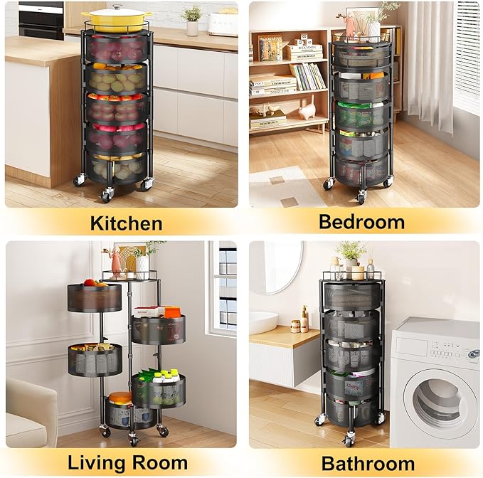 SNTD Fruit and Vegetable Basket Bowls for Kitchen with Metal Top Lid, 5 Tier Rotating Storage Rack Cart for Potato Onion Bread Banana, Wire Basket Organizer on Wheels, Large, Black