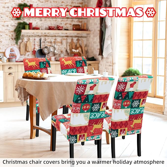 Christmas Chair Covers for Dining Chairs, Stretch Dining Covers, Dining Room Chair Covers Set of 4/6, Removable Washable Dining Chair Slipcovers for Home Hotel Banquet Holiday Decoration (1, 6pcs)