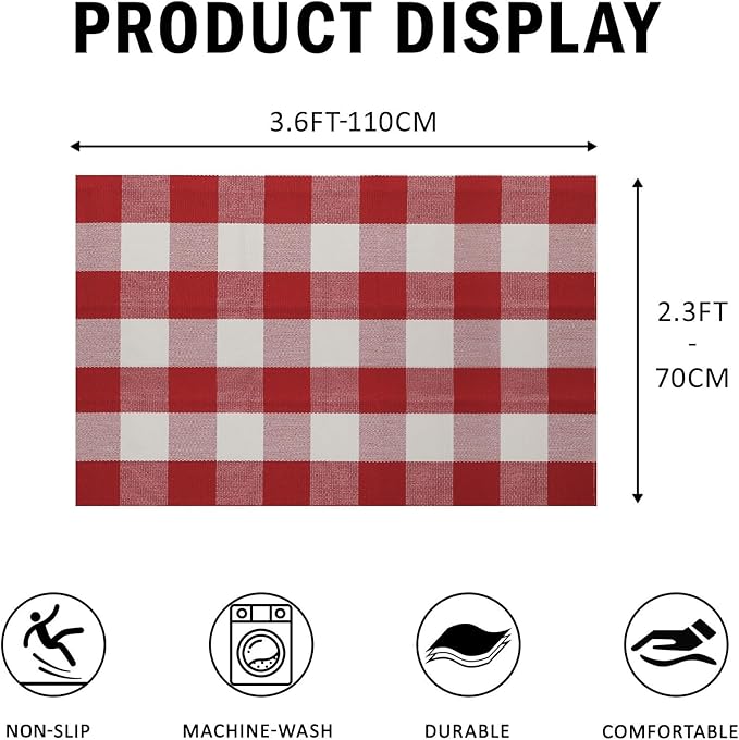 SEEKSEE Cotton Buffalo Plaid Rug 27.5"x43" Red and White Checked Rug Washable Doormats Indoor Outdoor Rugs for Layered Front Door Mats, Porch, Kitchen, Farmhouse, Entryway