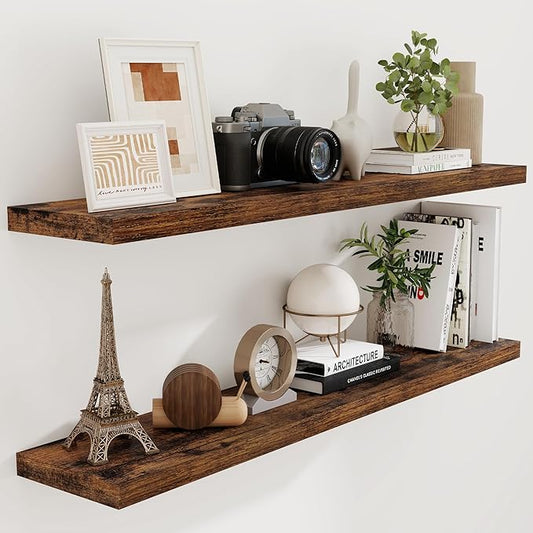 55 Inch Floating Shelves Set of 2, Rustic 55 x 9.3 Floating Shelf for Wall, 9.3 Inch Deep Wall Shelves Invisible Bracket, Large Deep Shelving for Bedroom, Kicten, Living Room, Rustic Brown Color