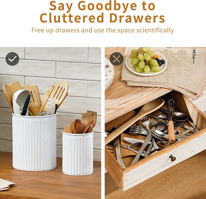 2 Pack Metal Utensil Holder for Kitchen Counter, 7.3"+5.4" Large Cooking Utensil Organizer Vertical Stripe Pattern Embossed Utensil Caddy for Party Cutlery Tool Holder Storage, White