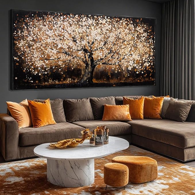 Gold Tree Art Landscape Canvas Wall Art Neutral Art Prints for Dining Room Black Pictures Wall Decor for Living Room Home Hotel Hanging Artwork 32"x 70"