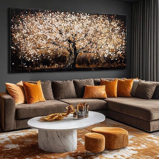 Gold Tree Art Landscape Canvas Wall Art Neutral Art Prints for Dining Room Black Pictures Wall Decor for Living Room Home Hotel Hanging Artwork 32"x 70"