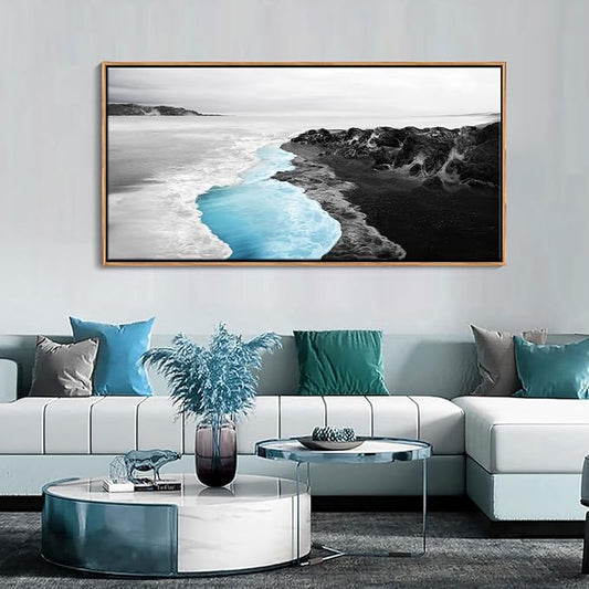 YCPRIMER Blue Beach Wall Art - Large Framed Canvas Coastal Decor Seascape Ocean Landscape Painting,Moden Seaside Picture for Living Room,Bathroom,Bedroom Artwork Wall Decoration Size 24×48Inch
