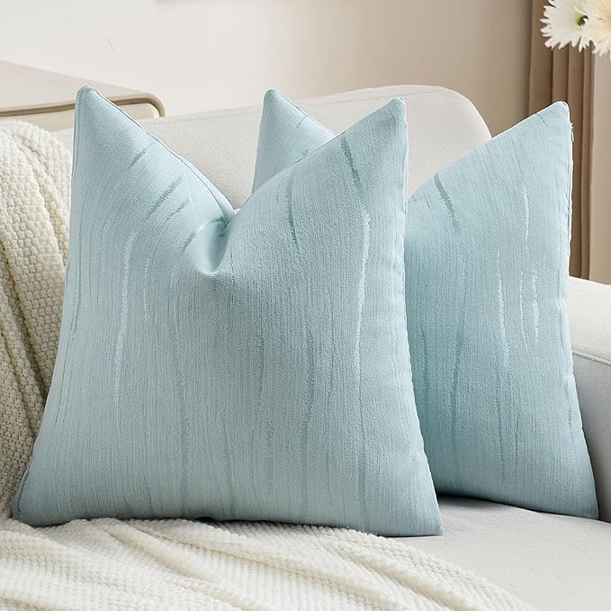 FUTEI Light Blue Chenille Decorative Throw Pillow Covers 20x20 Inch Set of 2,Soft Embossed Striped Textured Cushion Case,Modern Home Decor for Couch Bed Living Room