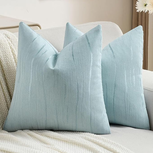FUTEI Light Blue Chenille Decorative Throw Pillow Covers 16x16 Inch Set of 2,Soft Embossed Striped Textured Cushion Case,Modern Home Decor for Couch Bed Living Room