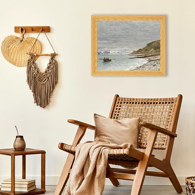 Brivoria Framed Canvas Wall Art Vintage Decor, Coastal Landscape with Rowboat Rocky Beach and Wooden Jetty Below Cloudy Sky for Hallway Dining Room or Reading Nook Wall Decoration, 13"x16"