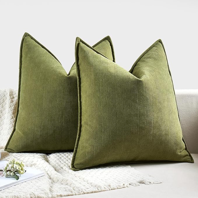 MIULEE Pack of 2 Moss Green Decorative Pillow Covers 20x20 Inch Soft Chenille Luxurious Couch Throw Pillows Farmhouse Cushion Covers with Elegant Design for Sofa Bedroom Living Room Home Decor