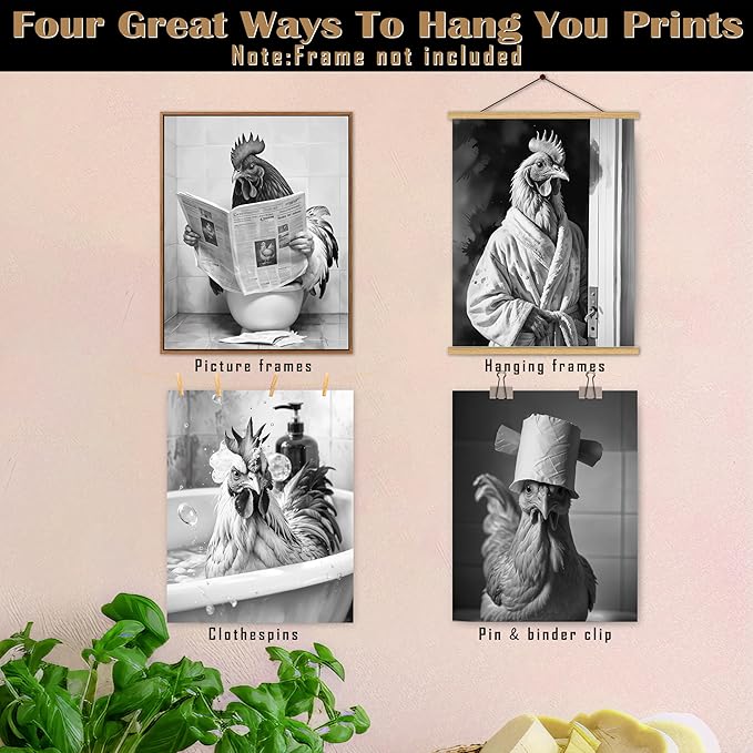 FITIE Funny Chicken Bathroom Wall Art Posters Set of 4, Chicken Bathroom Decor, Humorous Farmhouse Animal Rooster Hen Canvas Prints Artwork Wall Decor for Bath Room Washroom, 8x10 Unframed