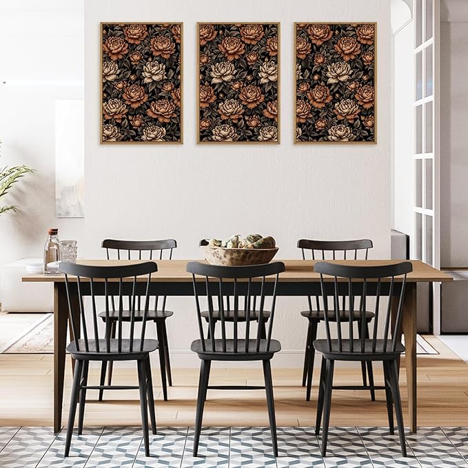 KAIRNE Vintage Floral Wall Art Set of 3, Mid Century Flower Framed Canvas Prints, Boho Peony Botanical Artwork, Modern brown Luxury Decor for Living Room Bedroom Office, 16×24inch