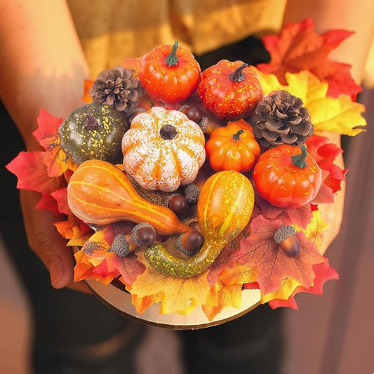 DomeStar Pumpkins for Decorating- 8 Assorted Mini Fake Pumpkins, 30pcs Autumn Leaves, 10pcs Acorns, 2pcs Pine Cones for Thanksgiving Harvest Decor, Halloween, Fall Baby Shower & Table Centerpieces