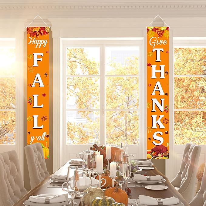 Fall Decorations for Home Happy Fall & Give Thanks Porch Banner Pumpkin Maple Leaves Door Welcome Signs for Autumn Harvest Thanksgiving Decorations Decor Indoor Outdoor
