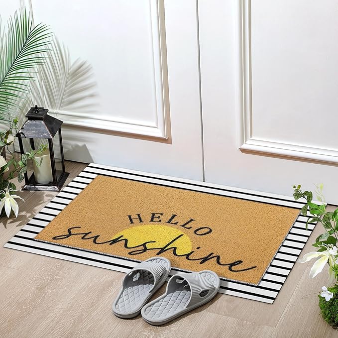 2 Pcs Door Mat Yellow Welcome Non Slip Coir Mats Stripe Floor Layering Doormats Seasonal for Front Porch Entryway Decor(Sunshine)
