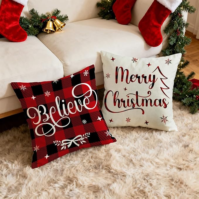Christmas Pillow Covers 18x18 inch Set of 4, Holiday Winter Outdoor Red Plaid Vintage Xmas White Burgundy Seasonal Burlap Decorations for Sofa Couch
