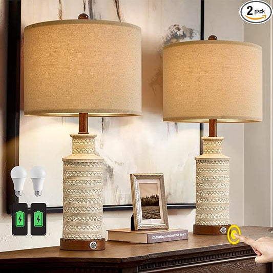 BOBOMOMO 24.5'' 3-Way Dimmable Touch Control Table Lamp Set of 2 with Dual USB Charging Ports for Bedroom Living Room Vintage Rustic Farmhouse Traditional Nightstand Bedside Lamps(Bulbs Included)