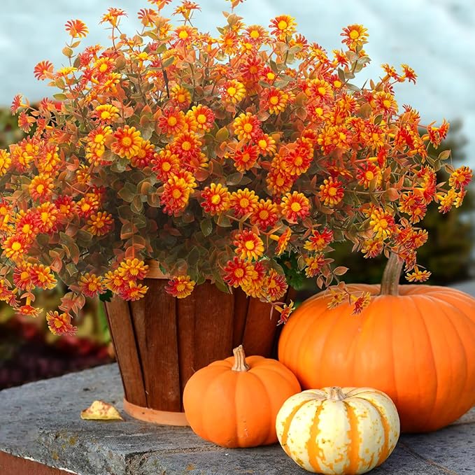12 Bundles Artificial Fall Flowers for Outdoors Fake Plants - Faux Outside Greenery Boxwood No Fade Plastic Shrubs Decor Farmhouse Home Garden Thanksgiving (Fall Red)
