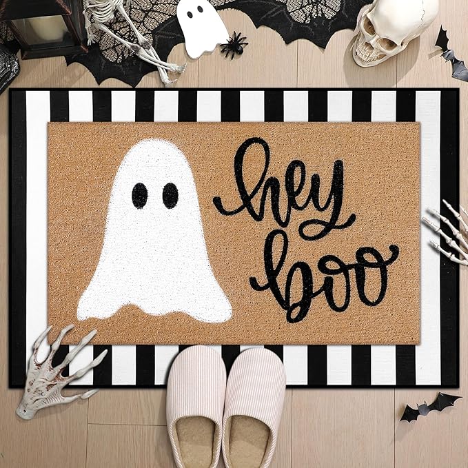 2 Pcs Halloween Doormat Hey Boo Ghost Outdoor Welcome Mats for Front Door Non Slip Ghost Coir Floor Mat Black White Stripe Halloween Rug for Outside Front Porch Entryway Decor
