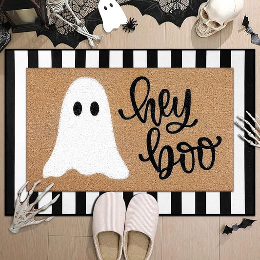 2 Pcs Halloween Doormat Hey Boo Ghost Outdoor Welcome Mats for Front Door Non Slip Ghost Coir Floor Mat Black White Stripe Halloween Rug for Outside Front Porch Entryway Decor