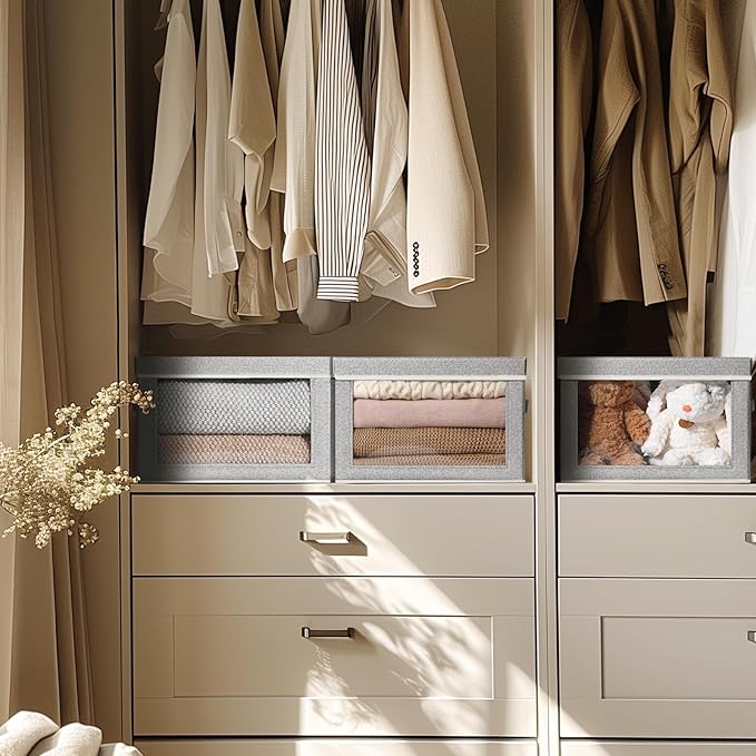 Storage Box with Lids - 5 Pack Foldable Clear Window Storage Bins, Large Decorative Storage Bins with Handles, Storage Containers for Clothes, Towel, Blanket, Sheet, Light Grey