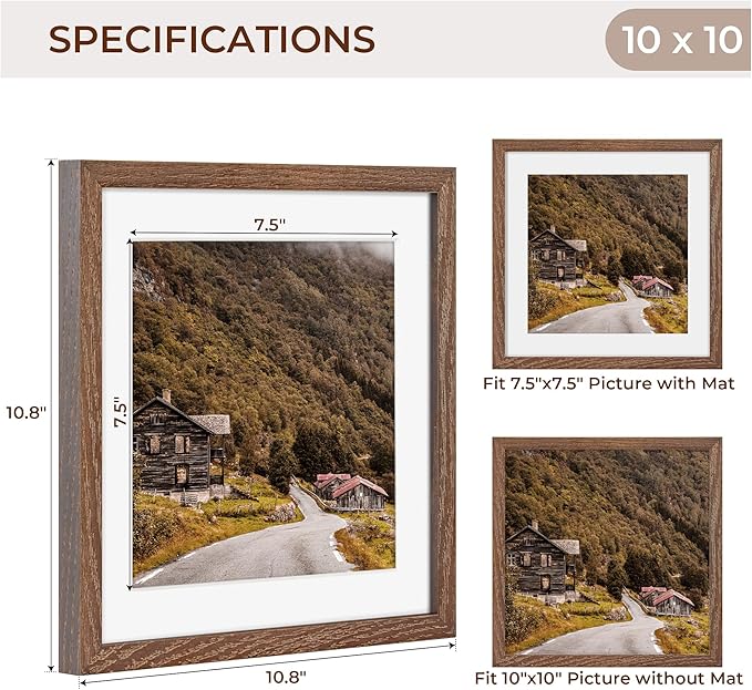 Fun Memories 10x10 Picture Frames, Square Frame 10 by 10 with Mat for 8 by 8, Rustic Oak Wood Frame 10"x10", 10 x 10 Wood Frame Set of 4, Minimalist 10x10 Photo Frames, Walnut Color
