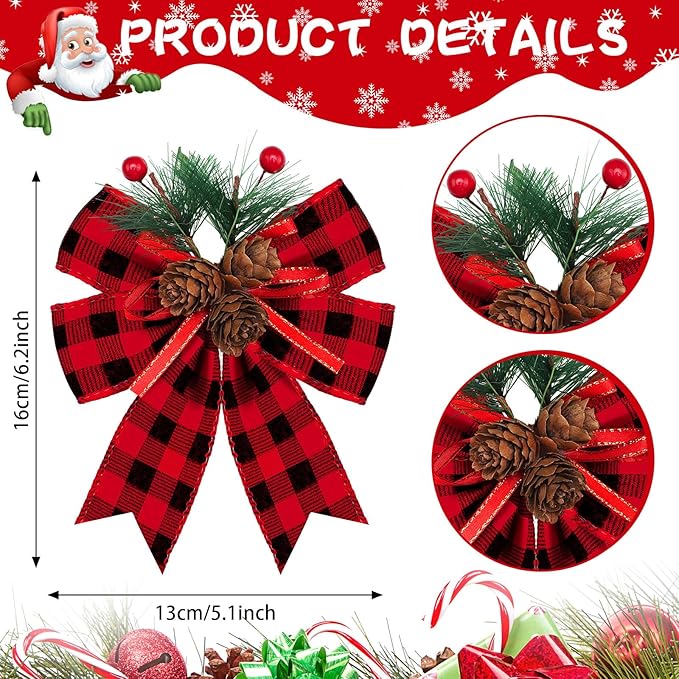 Syhood 6 Pcs Christmas Bows with Pine Cones Pine Needles Xmas Velvet Bows Black and Red Ribbon Christmas Tree Wreath Decoration for Xmas Parties Indoor Outdoor Crafts DIY Decor