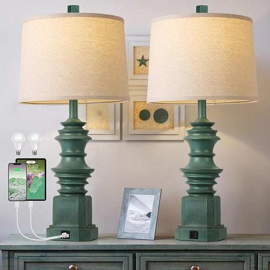QiMH Table Lamps for Nightstand Set of 2, Bedside Lamp with USB A+C Charging Ports, Farmhouse Table Lamp with Linen Lampshade, Lamps for Living Room, Bedroom Lamps with LED Bulbs, Green