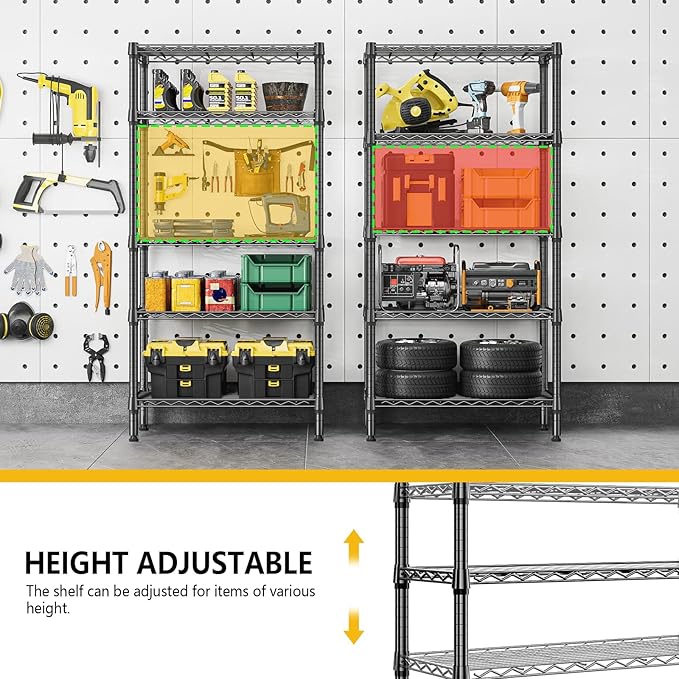 1250 lbs 5 Tier Shelf Metal Storage Shelves Shelving Wire Rack Heavy Duty Closet Organizers for Garage Kitchen Bathroom Laundry Black 13.8" D x 29.5" W x 59.5" H