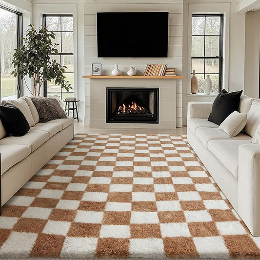 Checkered Rug 9x12 for Living Room, Beige and White Modern Shag Rug Super Soft Washable Indoor Fuzzy Carpet Non-Slip Fluffy Rugs for Bedroom Home Aesthetic Decor
