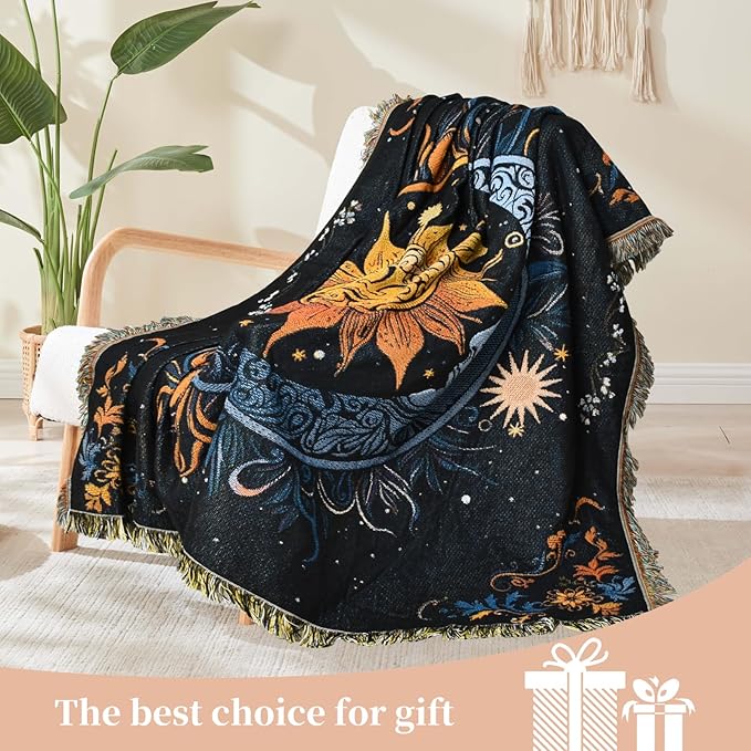 Boho Throw Blanket Reversible Cotton Bohemian Tapestry Hippie Room Decor Outdoor Blanket Double Sided (Black Sun Moon 50"x60")