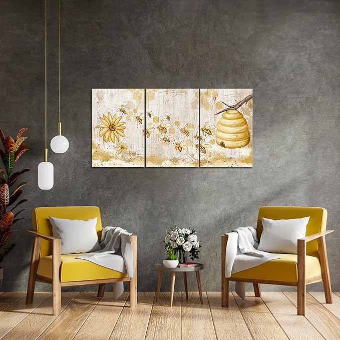 FuShvre Vintage Yellow Wall Art Honey Bee Canvas Painting Prints Kitchen Decor Bee and Flower Daisy Pictures for Famrhouse Wall Framed 16"x24" Each (Medium, White)