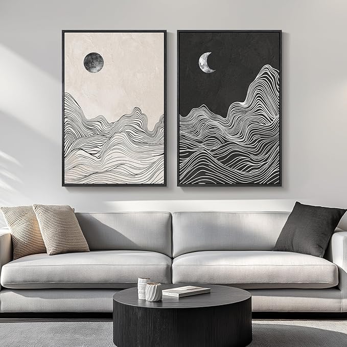 Large Framed Black and White Abstract Wall Art for Living Room, Set of 2 Modern Canvas Prints Paintings Artwork for Walls, Abstract Mountain and Moon Pictures for Bedroom Hallway Wall Decor 24x36 In