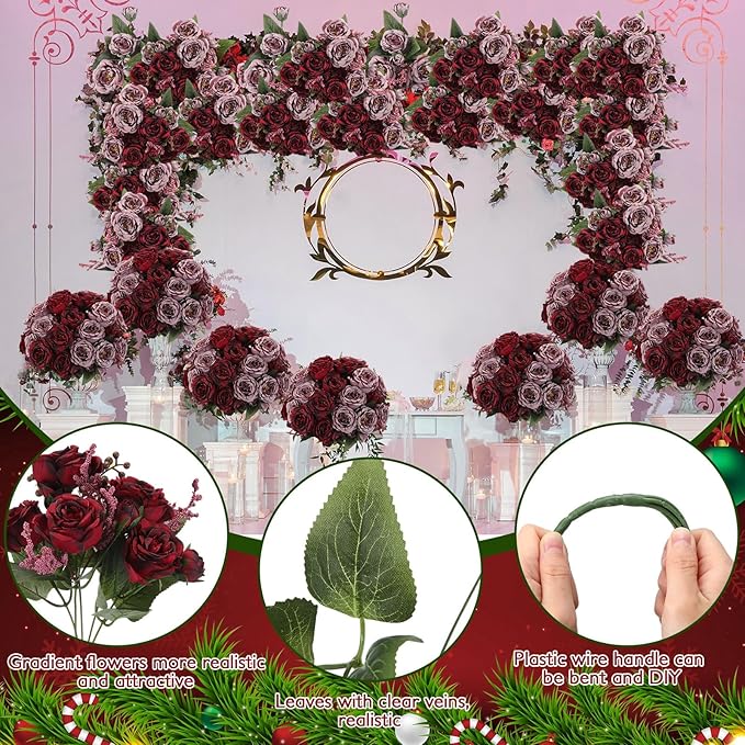 Geosar 8 Bundles Artificial Peonies Flowers Fake Silk Peony Bouquet Faux Peonies Flowers Bulk for Decoration Vase Florals Arrangements Wedding Party Table (Wine Red,Gray)