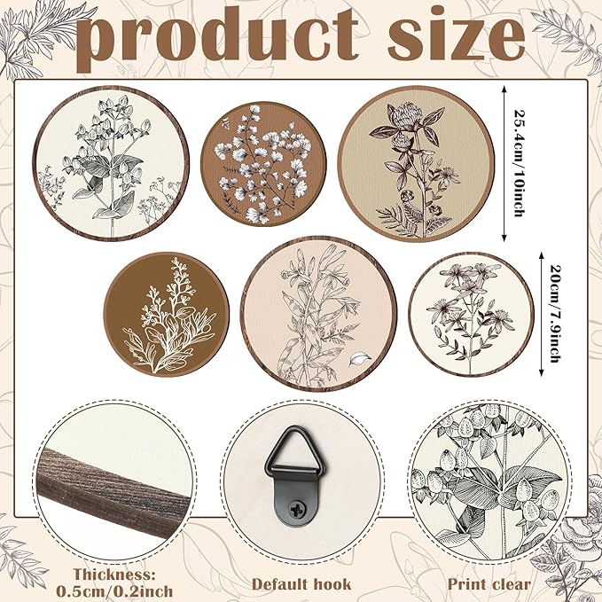 Barydat 6 Pieces Boho Plant Wall Art Decor Wooden Boho Farmhouse Rustic Bohemian Wall Hanging for Bedroom Living Room Office(Vivid Round,8 Inch, 10 Inch)