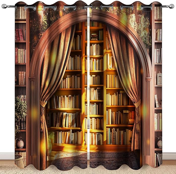 MissHope Vintage Bookshelf Blackout Curtains Sunshine Book Bookcase Tree Decor for Bedroom Study Classroom Living Room Darkening Grommet Window Drapes 2 Panel Set, 52x84 Inch