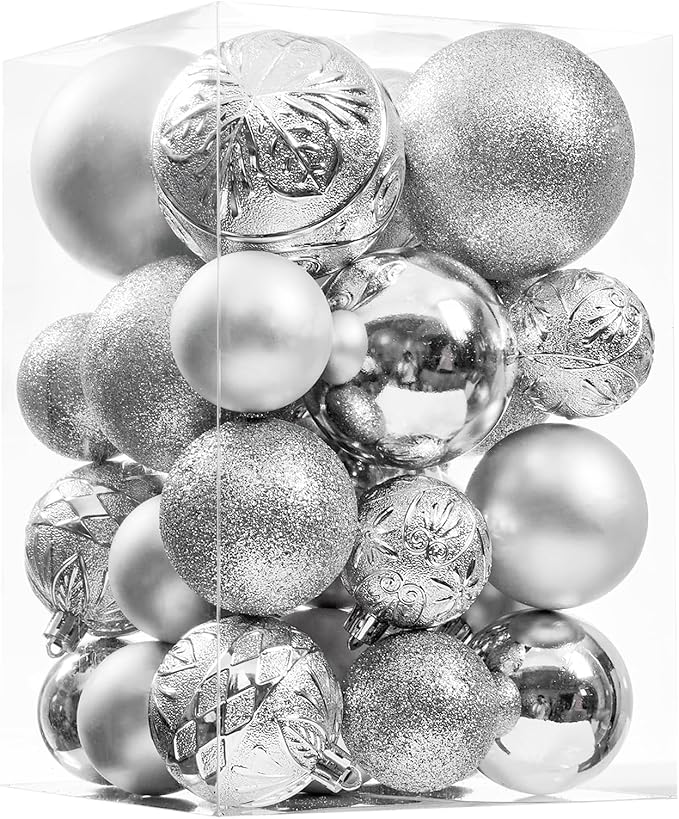 Wironlst Christmas Ball Ornaments - 30pcs Shatterproof Plastic Christmas Ornaments Hanging Ball Decorations for Xmas Tree, Holiday, Wedding, Party (Multi-Size, Silver)