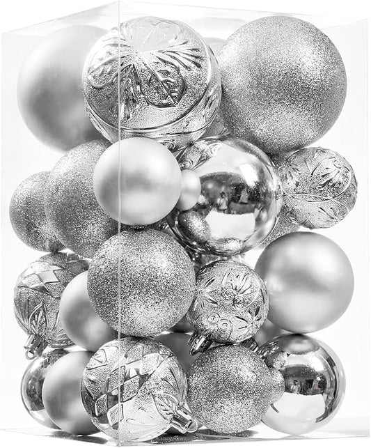 Wironlst Christmas Ball Ornaments - 30pcs Shatterproof Plastic Christmas Ornaments Hanging Ball Decorations for Xmas Tree, Holiday, Wedding, Party (Multi-Size, Silver)