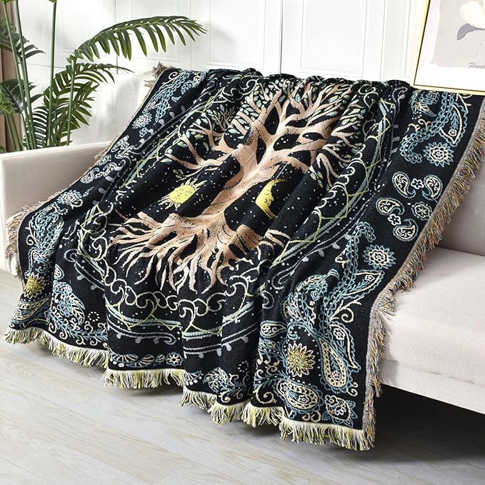 Boho Throw Blanket Reversible Cotton Bohemian Tapestry Hippie Room Decor Outdoor Blanket Double Sided (Boho Tree 50"x60")