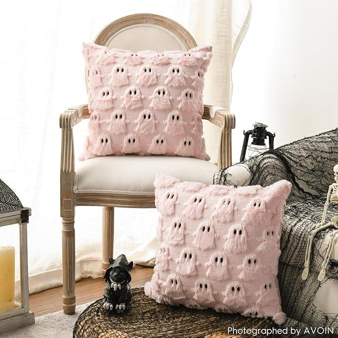 AVOIN colorlife Halloween Ghost Pink Throw Pillow Cover Set of 2, 18 x 18 Inch Soft Plush Faux Fur Jacquard Spooky Cushion Case Decoration for Sofa Couch