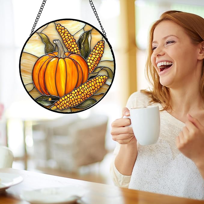 Stained Glass Window Hanging Autumn Harvest Pumpkin Corn Large 15" - Suncatcher Door Garden Kitchen Sunroom Sun Catcher Fall Home Decor Birthday for Mom Grandma Men Woman