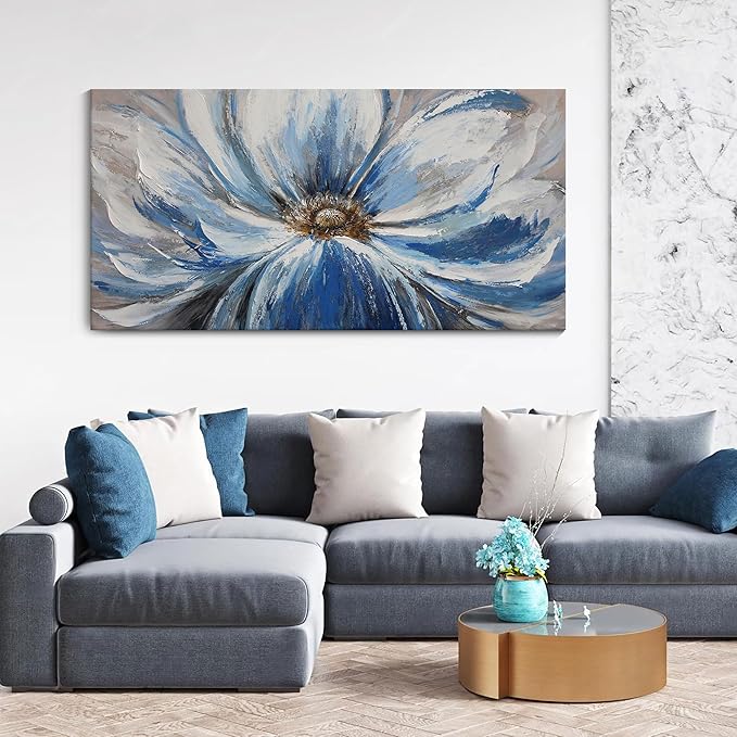 Flower Canvas Wall Art for Living Room Large White Blue Flower Picture Giclee Print Painting Wall Decor Framed Artwork Ready to Hang for Home Bedroom Wall Decoration Size 24x48