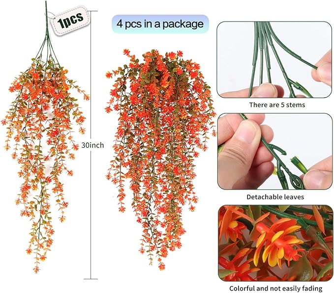 SJL Artificial Fake Fall Hanging Flowers Fake Plant Artificial Hanging Plants Flower Fall Eucalyptus Palnts Outdoor Faux Autumn Vines Decor Real Touch for Patio Living Room Thanksgiving (Salmon)