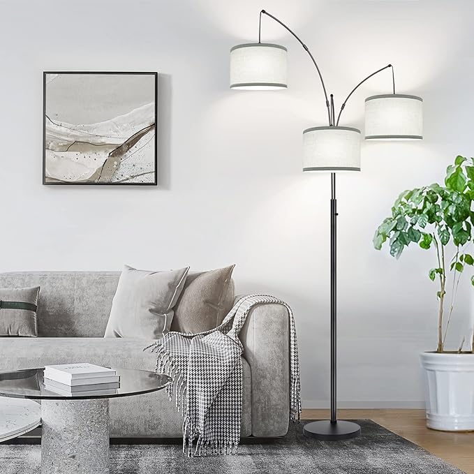 Dimmable Floor Lamp - 3 Lights Arc Floor Lamps for Living Room, 1000LM Modern Tall Standing Lamp With Gray Shades & Heavy Base, Mid Century Tree Floor Lamp for Bedroom Office, 3 LED Bulbs Included