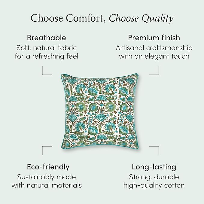 CPC Aqua Green Floral Printed Throw Square Cushion Covers - 20x20 Inch 100% Cotton Washable Decorative Couch Pillows Covers for Living Room Bed Sofa and Outdoors Spring, Easter, Valentines Gift
