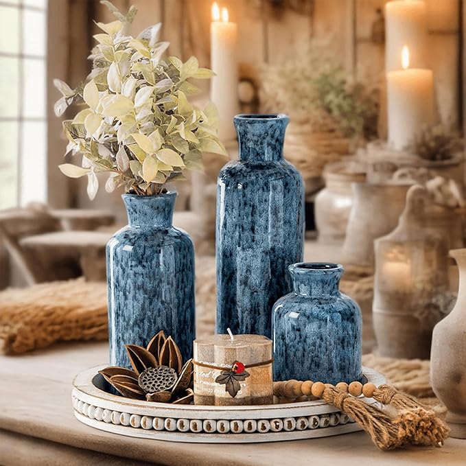CwlwGO-Blue Ceramic Vases Set,Small Vase Sets,Farmhouse Country Vases Home Decor,Living Room Table Decoration,Shelf Decor,and Entrance Decoration Centerpieces.