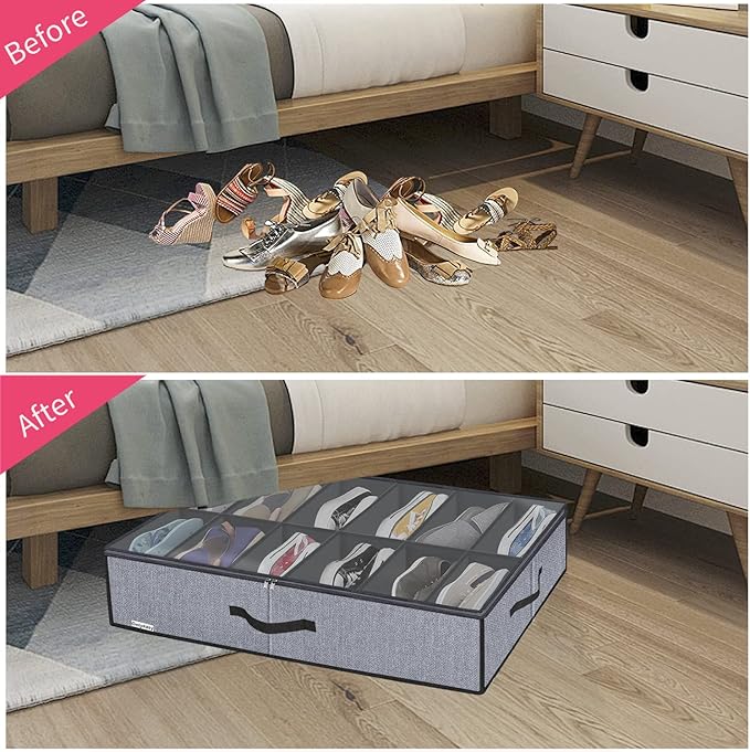 Onlyeasy Large Under Bed Shoe Organizer (6 to 12 Pairs x 2) - Underbed Shoes Closet Storage Solution with Metal Zipper and 2 Handles, Breathable, 29.3"x23.6"x5.9", Linen-like Grey, MXDUBSB2P