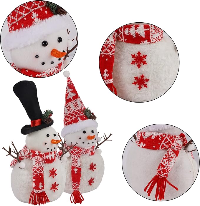 Set of 2 Christmas Plush Snowman Doll Tabletop Decorations, Christmas Snowman Ornaments for Home Kitchen Xmas Holiday Party Decor