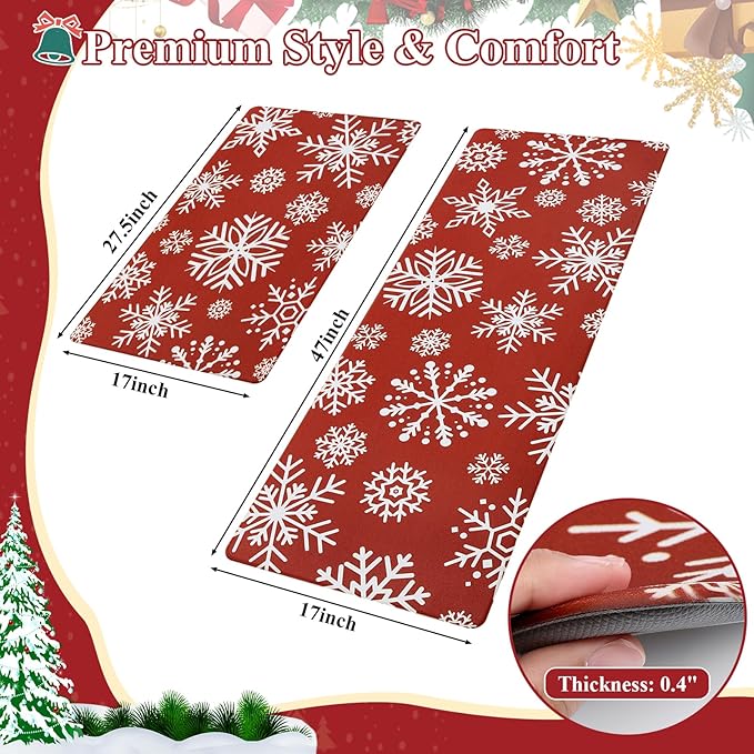 SHACOS Christmas Kitchen Rugs Set of 2 Anti-Fatigue Kitchen Mats Cushioned Red Christmas Kitchen Rugs White Snow Farmhouse Kitchen Mats and Rugs for Xmas 17x27.5+17x47, Snowflakes