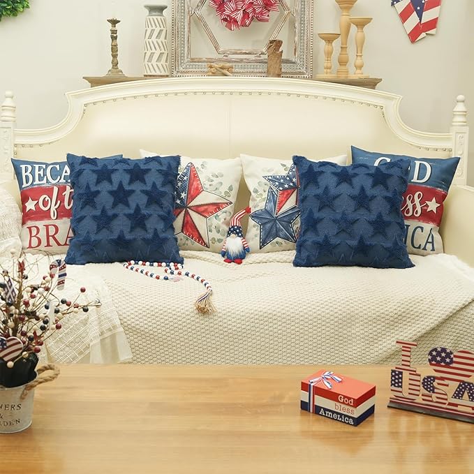 GEEORY 4TH of July Stars Soft Plush Pillow Covers, 20 x 20 Inch Set of 2, Fluffy Faux Fur Wool Decorative Farmhouse Cushion Case for Sofa Home Decoration Blue GC017-20