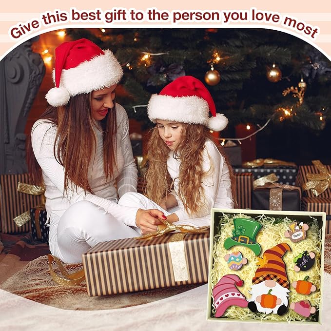 Qunclay Interchangeable Wooden Gnome Decor Holiday Seasonal Gnome Decorations with Magnet Pieces and Detachable Hats Changeable Welcome Sign for Home(Delicate Style)